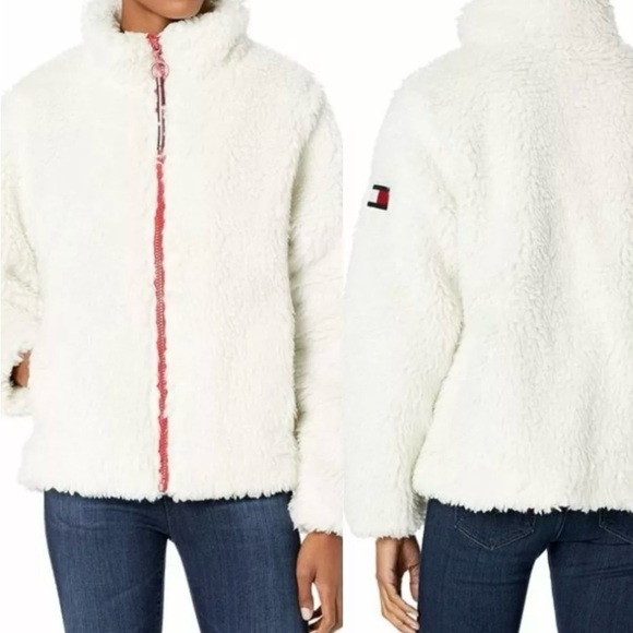 Tommy Hilfiger Women's Zip Front Solid Sherpa Jacket, Sailcloth, Large   - Picture 3 of 16